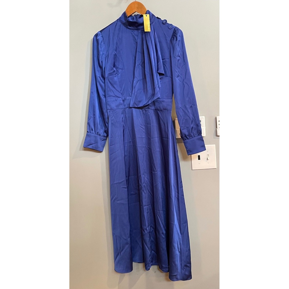 Alexia Admor Dress Women 4 Cobalt Blue Satin Mock Neck Scarf Midi D3401 NEW